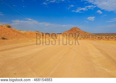 Namibian Landscape Along The Gravel Road. Red Ground And African Vegetation Around. Damaraland, Home