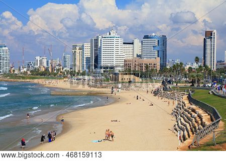 Tel Aviv, Israel - November 2, 2022: People Visit Alma Beach In Tel Aviv, Israel. Tel Aviv Is The Ec