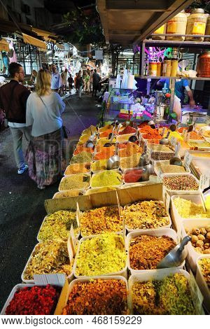 Tel Aviv, Israel - November 2, 2022: People Visit Food Stands At Carmel Market In Tel Aviv, Israel. 