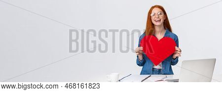 Valentines Day, Creativity And Feelings Concept. Cheerful Smiling Redhead Girl With Long-distance Re