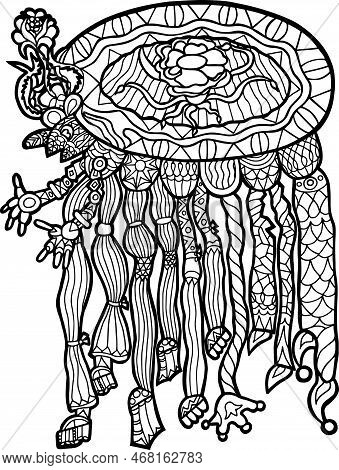 Jellyfish With Different Tentacles. Sketch Of A Sea Animal With Small Patterns