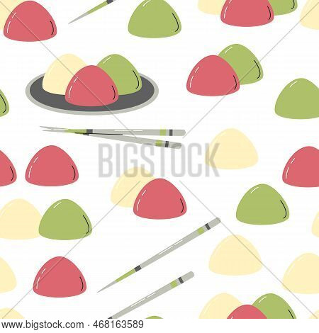 Mochi Meal Seamless Pattern. Popular Oriental Sweet Treats Food With Hashi Chopsticks Surface Design