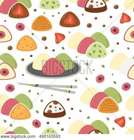 Whole And Cutted Mochi With Hashi Chopsticks Seamless Pattern. Classic Japanese Sweet Food Surface D