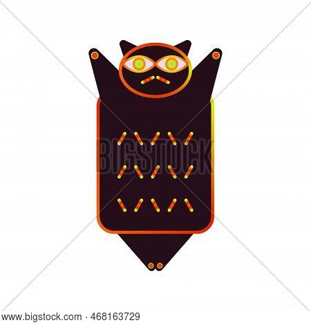Black Psychedelic Cat With Rainbow Stroke Vintage Fifties Vector Illustration. Bright Colored Elemen