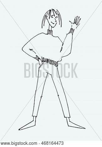 Figure Of A Young Woman Waving. Flat Style, Isolated Vector Element