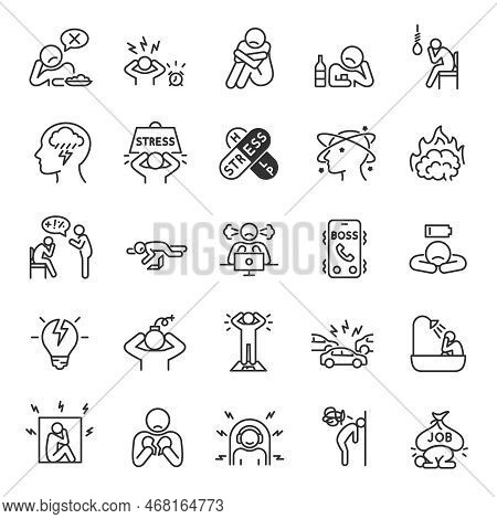 Depression, State Of Low Mood And Aversion, Sadness, Suicidal Thoughts Icon Set. People Experiencing