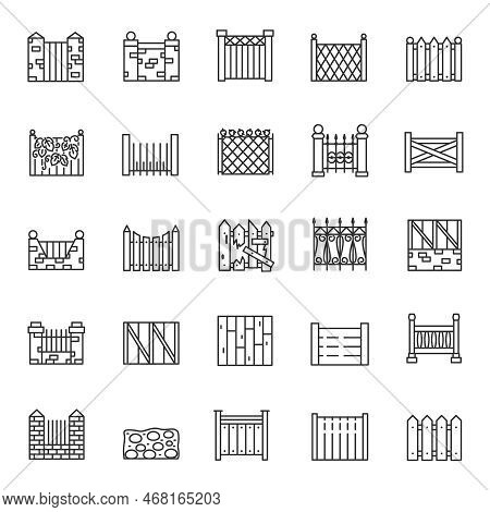Fence, Icon Set. Fencing Made Of Various Materials, Brick, Mesh, Wood, Iron, Linear Icons. Line With