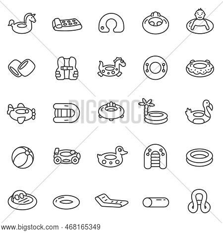 Rubber Rings Of Various Shapes For Swimming, Icon Set. Attributes For A Summer Holiday In The Water,