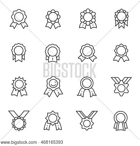 Medal With Ribbon, Icon Set. Awards, Linear Icons. Line With Editable Stroke