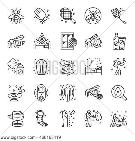 Mosquitoes, Icon Set. Mosquito Repellent, Protection, Linear Icons. Bracelet, Refills, Spray, Cream,