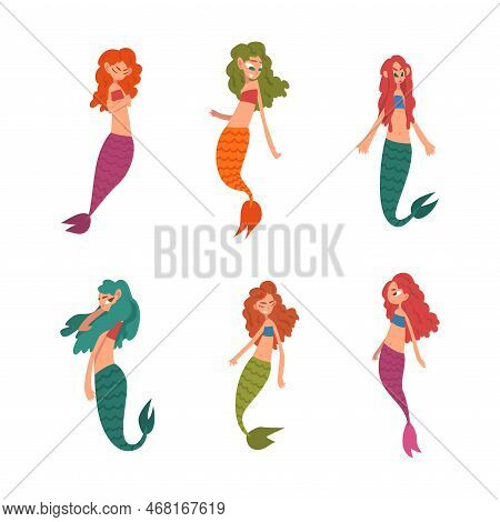 Set Of Cute Mermaids. Beautiful Swimming Little Mermaid With Tails Of Different Colors Cartoon Vecto