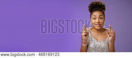 Excited African-american Girl Excited Eager Win Cross Fingers Good Luck Biting Lip Desire Anticipati