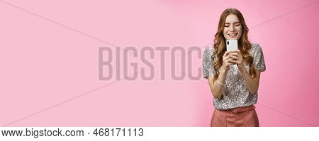 Charming Glamour Sociable Stylish Caucasian Female Using Smartphone Looking Mobile Phone Screen Look