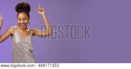 Good-looking Carefree African-american Girl Student Have Fun Prom Dancing Night Club Smiling Delight