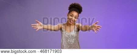 Lovely Touched African-american Female In Evening Slver Dress Extend Arms Hug Give Cuddle Tilt Head 