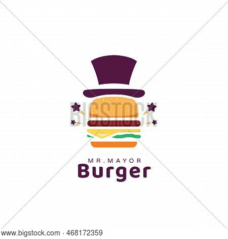City Mayor Burger Logo, Unique Burger Restaurant Logo With Mayor Hat In Cartoon Style Illustration I