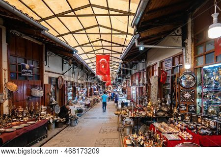 Gaziantep, Turkey - April 2022: Gaziantep Coppersmith Bazaar (turkish: Bakircilar Carsisi). Handmade