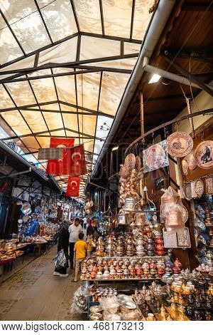 Gaziantep, Turkey - April 2022: Gaziantep Coppersmith Bazaar (turkish: Bakircilar Carsisi). Handmade