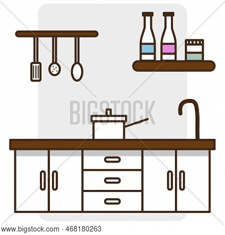 Cartoon Kitchen. Apartment Interior. Cooking Background. Vector Illustration. Stock Image.