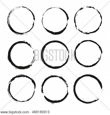 Brush Circles In Line Art Style. Round Frame Set. Grunge Texture. Vector Illustration. Stock Image.