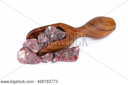 Benzoin Siam Resinoid In Wooden Spoon, Isolated On White Background. Mix Of Benzoin And Dammar Resin