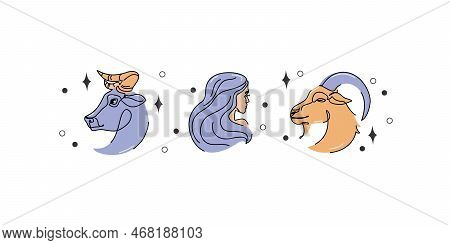 Astrological Earth Element Zodiac Signs Vector Illustration. Horoscope Icon Set: Taurus Virgo Capric