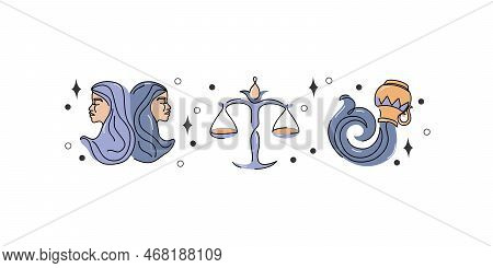 Astrological Air Element Zodiac Signs Vector Illustration. Horoscope Icons Set: Gemini Libra Aquariu