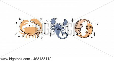 Astrological Water Elements Zodiac Signs Vector Illustration. Horoscope Icons Set: Cancer Scorpio Pi