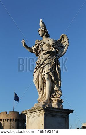 Location: Rome, Italy, April 2022. Statue On The Bridge To The Angel's Castle. The Angel Statue Has 