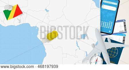 Travel To Congo Concept, Map With Pin On Map Of Congo. Vacation Preparation Map, Flag, Passport And 