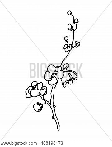 Cherry Blossom Single Line Art, Sprimg Blooming Sakura Branch Hand Drawn Monochrome Vector Illustrat