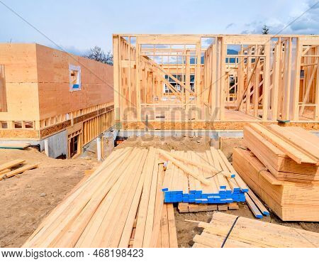Wooden Frame Of New Building With Engineered Lumber Materials In Front