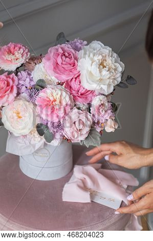 Original Flower Bouquets On A White Gray Background. Beautiful Composition With Pink And White Flowe