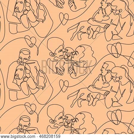 Seamless Background With Linear Drawings On A Colored Background. Contours Of Mom, Dad And Dog. Fami