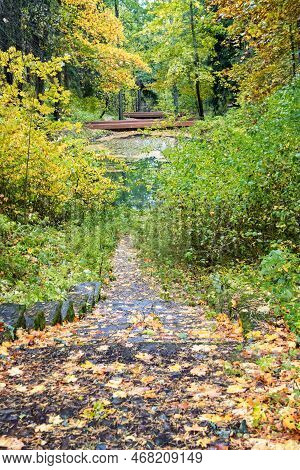 An Old Staircase Leads To A Cascade Of Ponds. Eco-trail Komarovsky Bereg. Saint Petersburg. Russia