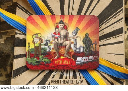 Kyiv, Ukraine - May 4, 2022 Putin Huilo Souvenir From Pravda Beverage Company With Funny Design Abou