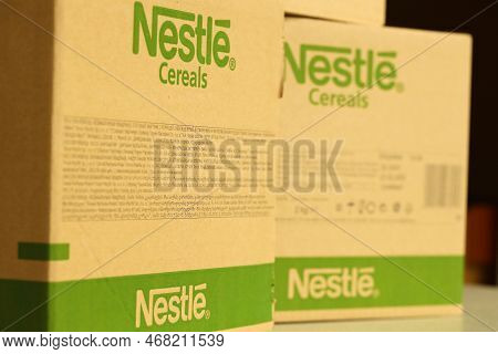 Kyiv, Ukraine - May 4, 2022 Big Cardboard Boxes With Logo Of Nestle Company. Porduction Storage Of N