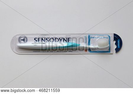 Kyiv, Ukraine - May 4, 2022 Sensodyne New Brand Toothbrush For Sensitive Tooths That Helps Protect A