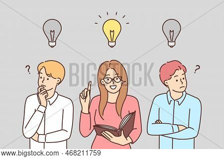 Smart Young Woman With Light Bulb Above Head Generate Business Idea. Clever Female Employee Think Br