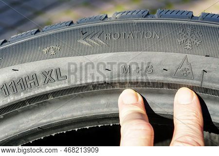 Markings On The Sidewall Of A New Winter Tire, Markings For Speed, Load, Rotation Direction, Mud, Sn