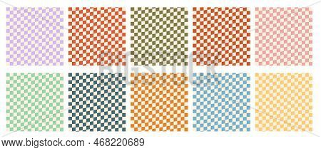 Vector Set Of Checkered Retro Seamless Patterns.retro Groovy Checkered Distorted Patterns.retro Wavy