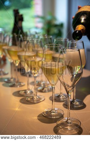 Tasting Of Brut And Reserve Champagne Sparkling Wine Produced By Traditional Method In Underground C
