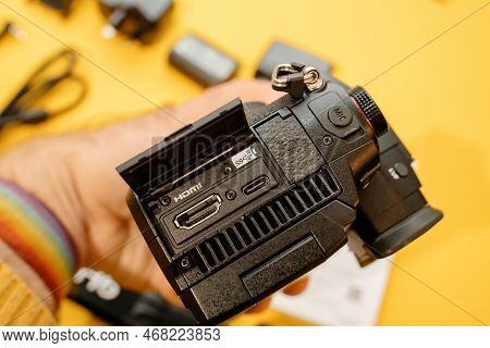 Paris, France - Nov 20, 2022: Side View Of Hdmi And Usb-c Ports - Testing New Panasonic Lumix Dmc-gh