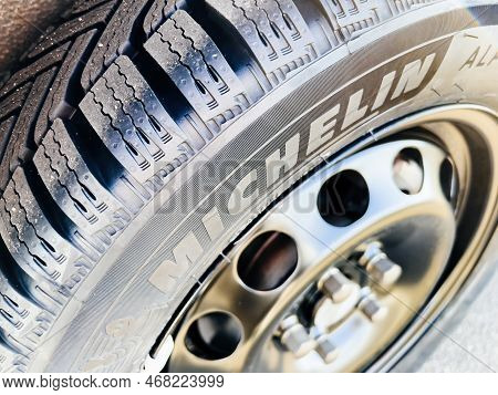 Clermont-ferrand, France - Oct 17, 2022: Logotype View Close-up Of New Michelin Alpin 6 Premium Tour