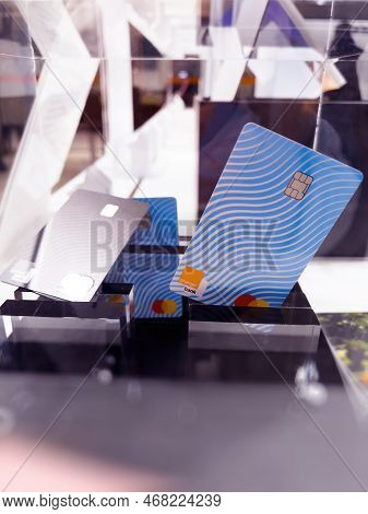 Lyon France - Nov 19, 2021: Close-up Of Orange Bank Card Advertising On The Dedicated Showcase In Te