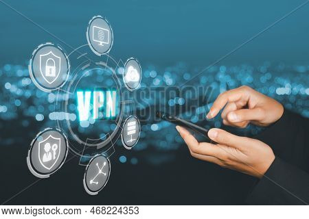 Vpn, Virtual Private Network Protocol Concept, Woman Hand Using Smart Phone With Vpn Icon On Vr Scre