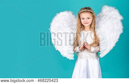 Angel Child Banner, Isolated Studio Background. Cute Child Girl In White Dress Standing Over Color B