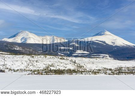 Snow Covered Peaks Of The Ten Mile Range On Dillon Reservoir In Colorado On A Cold Winter Day