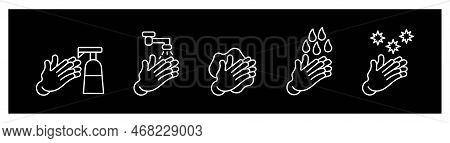 Icons Set Hand Washing , Black Vector And Line Icon Vector Illustration Hand Wash On Black Backgroun