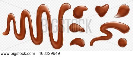 Chocolate Drops, Dark Brown Liquid Glossy Ganache Sauce Or Syrup Blobs, Melt Smudges Isolated On Tra